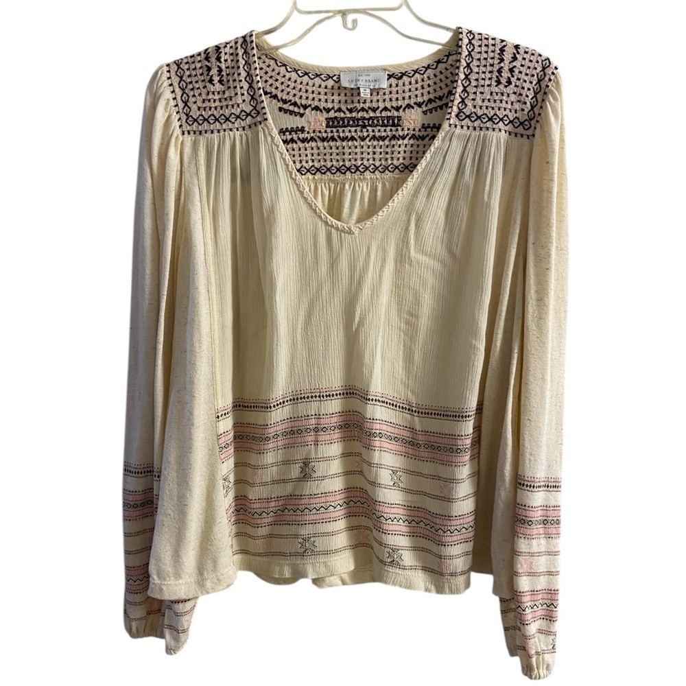 Lucky Brand gauzy peasant v neck blouse cream embroidered linen blend Medium